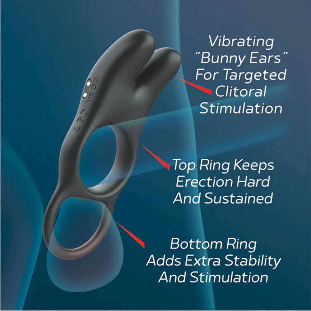 Red Dot V1 silicone vibrating cock ring with dual loops and bunny-ear vibration points, with remote control