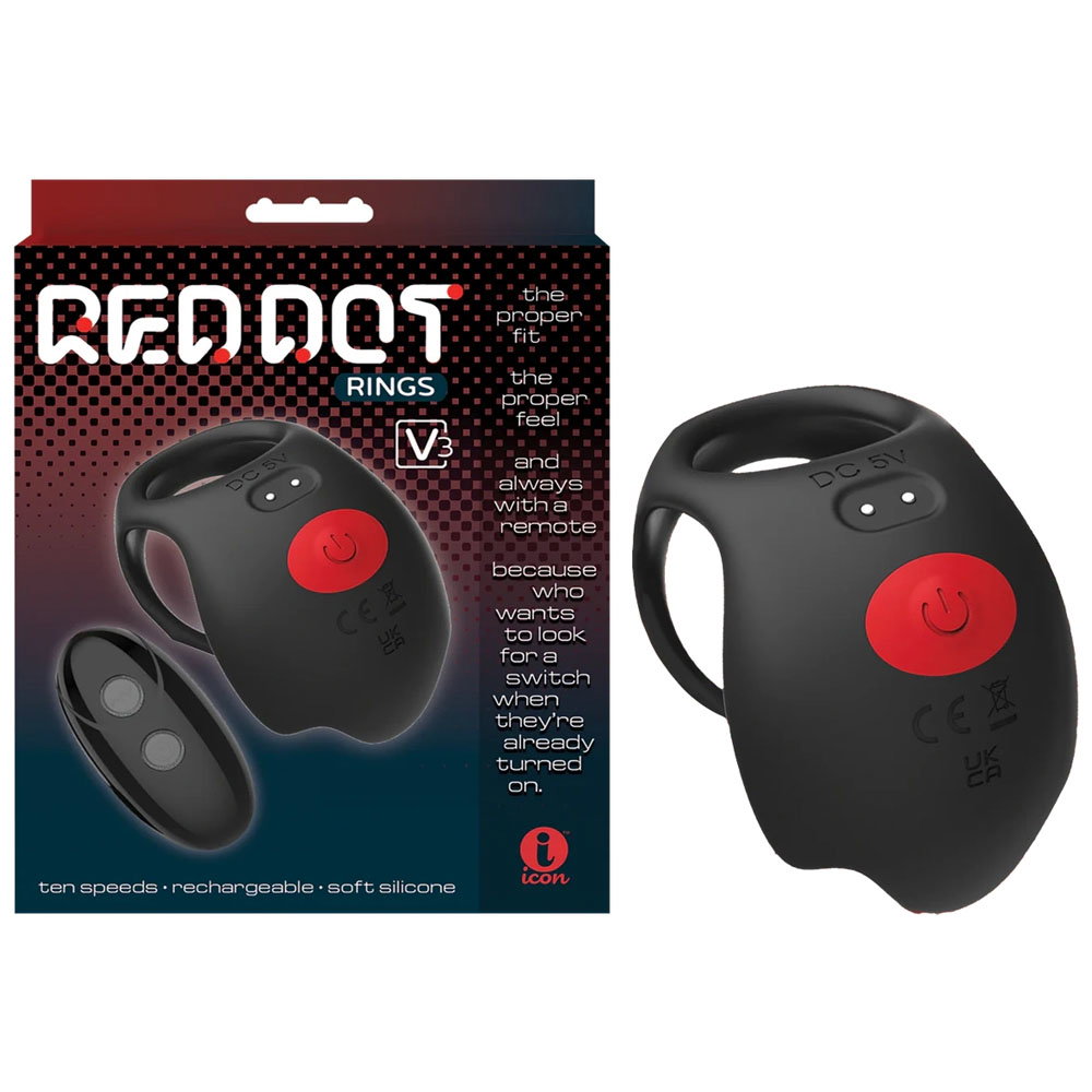 Red Dot V3 silicone vibrating cock ring with separate loops for penis and testicles
