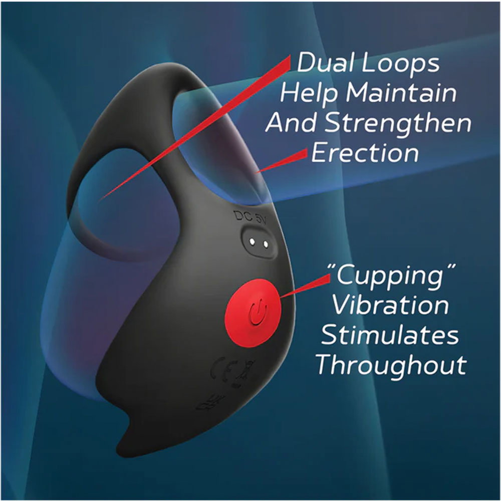 Red Dot V3 silicone vibrating cock ring with separate loops for penis and testicles