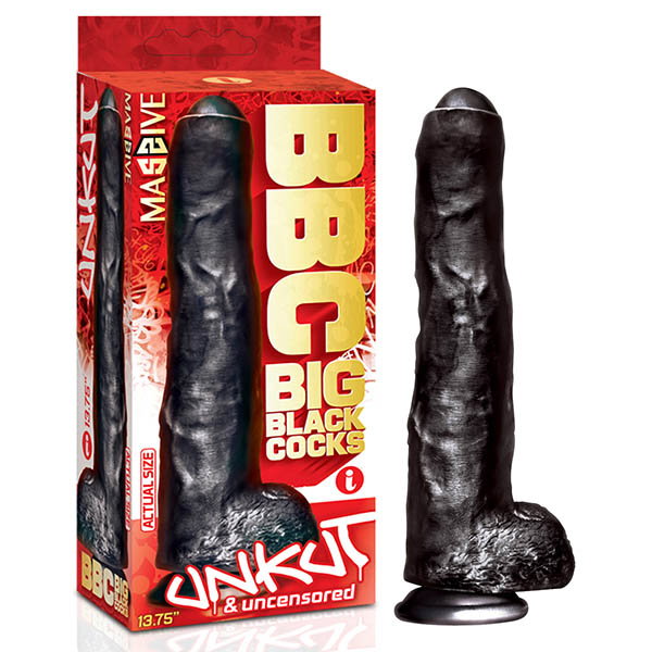 Icon Brands BBC Unkut 13.75 inch black dong with uncut, realistic foreskin detail