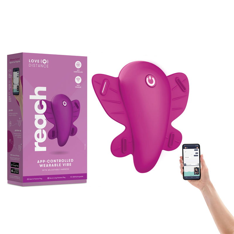 Love Distance Reach butterfly-shaped wearable vibrator with adjustable harness and accessories