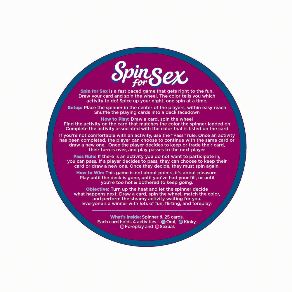 Spin For Sex Game box with spinner and 25 activity cards for couples