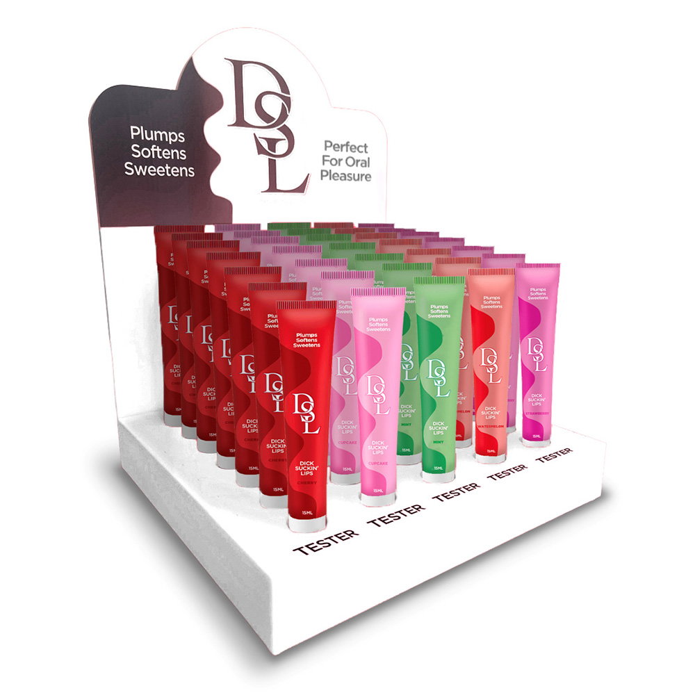 DSL Lip Plumper retail display stand holding 60 individually packaged lip plumper tubes in five flavours
