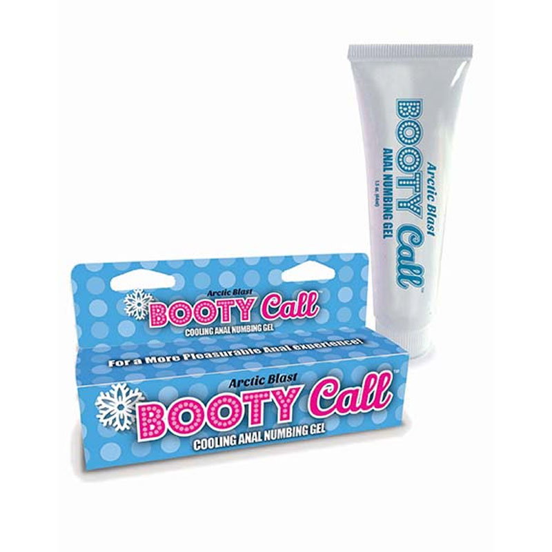 Bottle of Little Genie Booty Call Anal Numbing Gel, blue mint flavour