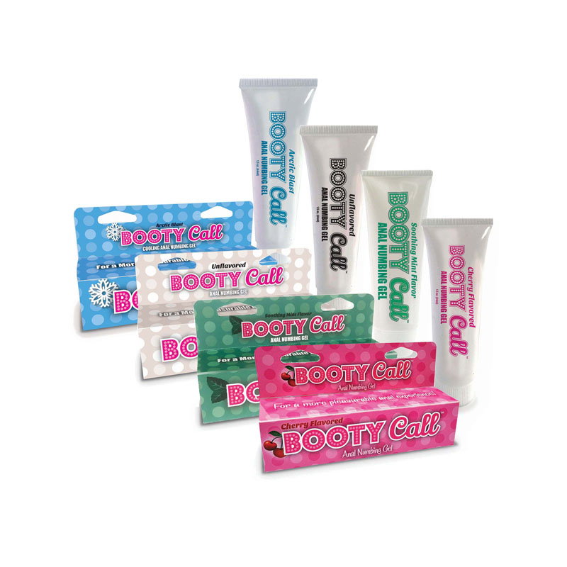 Bottle of Little Genie Booty Call Anal Numbing Gel, blue mint flavour
