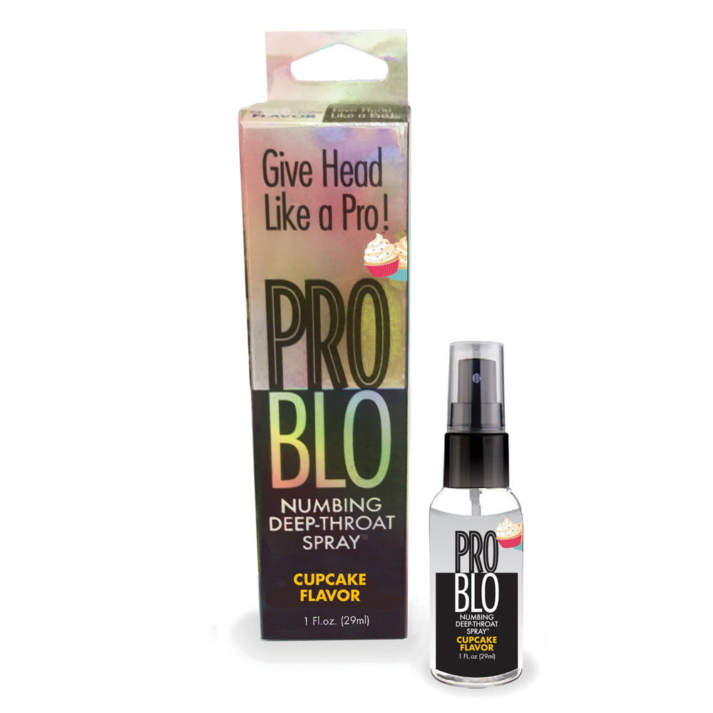Bottle of ProBlo Deep Throat Spray in Cupcake flavour, a 30ml oral desensitising spray