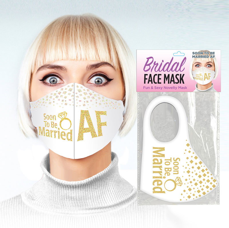 Little Genie Bridal Face Mask printed with "Soon To Be Married AF" novelty design
