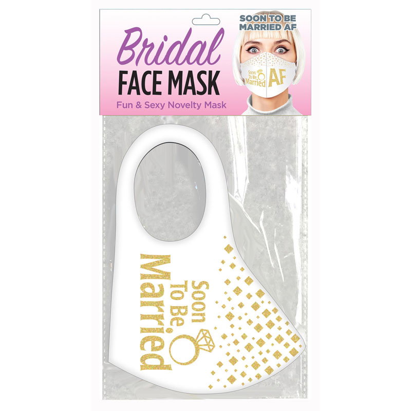 Little Genie Bridal Face Mask printed with "Soon To Be Married AF" novelty design