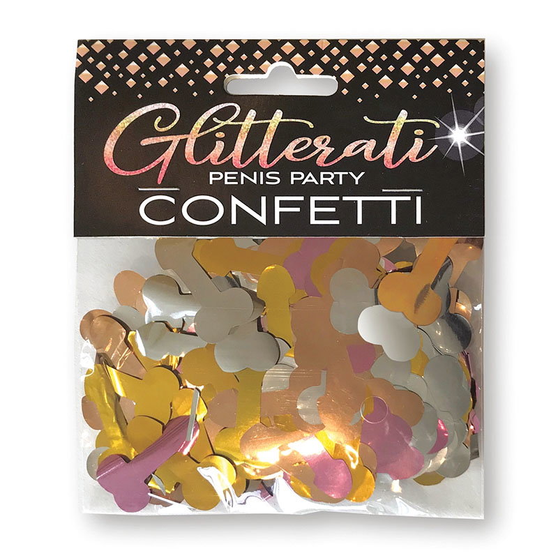 Little Genie Glitterati novelty confetti with metallic gold, silver, rose gold and bronze penis-shaped pieces