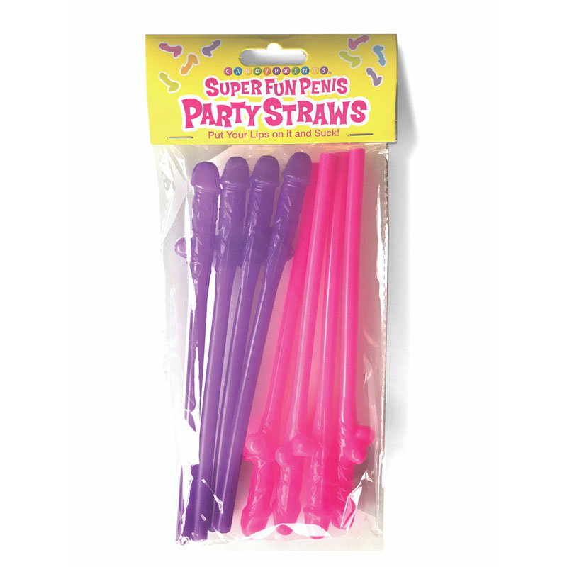 Pack of 8 novelty penis-shaped party straws in pink and purple plastic, 20cm long