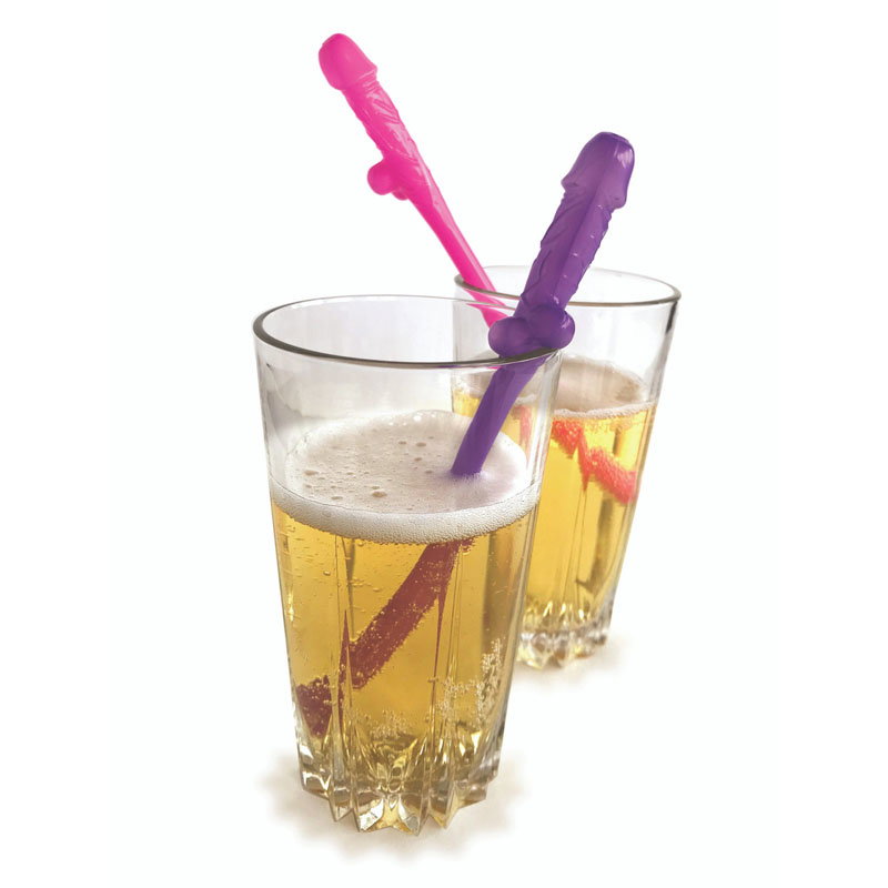 Pack of 8 novelty penis-shaped party straws in pink and purple plastic, 20cm long