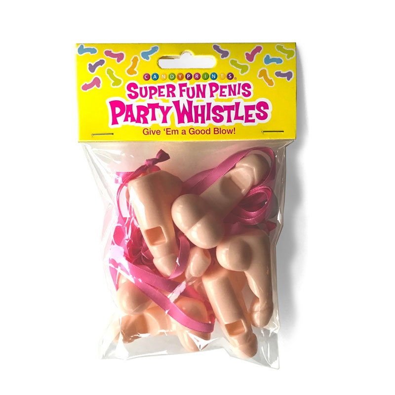 Pack of 6 penis-shaped novelty party whistles on pink lanyards by Little Genie