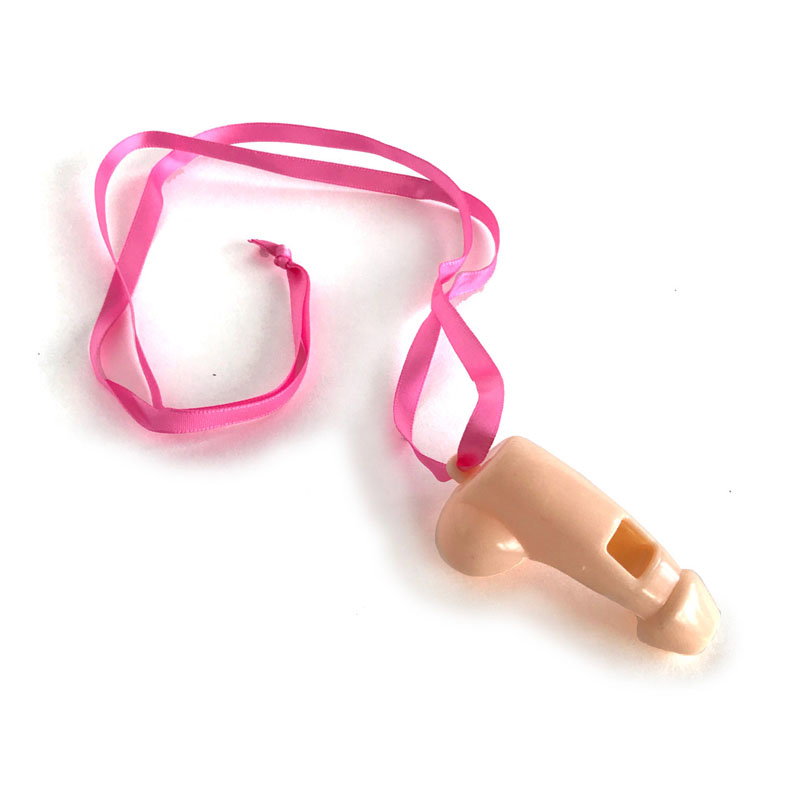 Pack of 6 penis-shaped novelty party whistles on pink lanyards by Little Genie