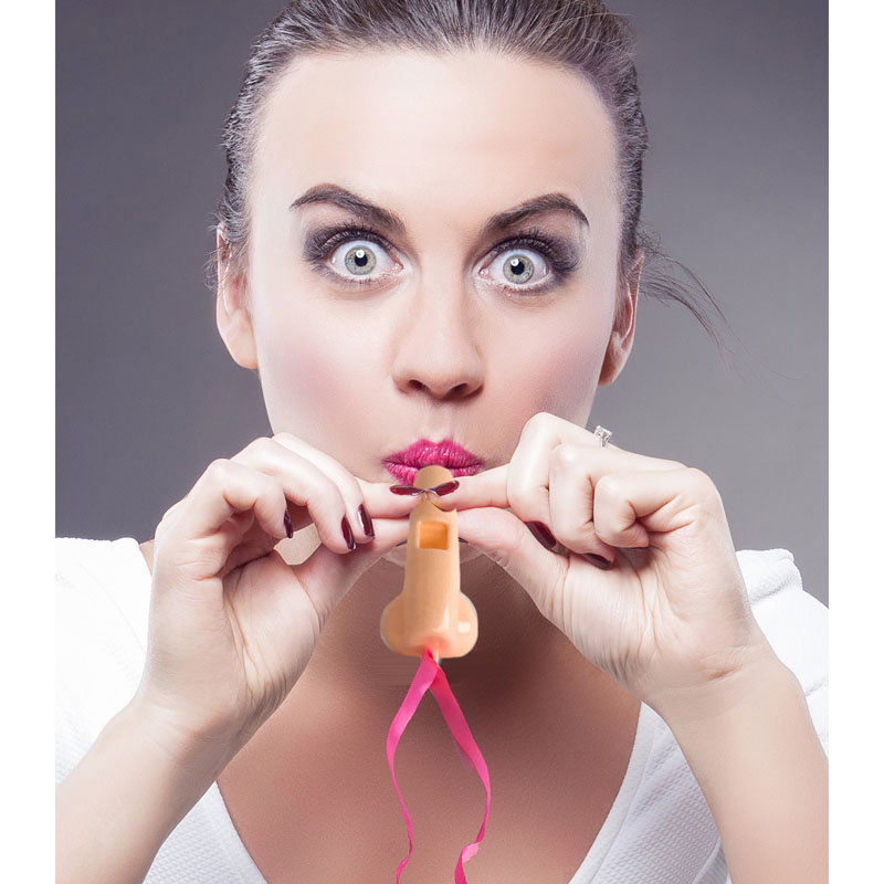 Pack of 6 penis-shaped novelty party whistles on pink lanyards by Little Genie
