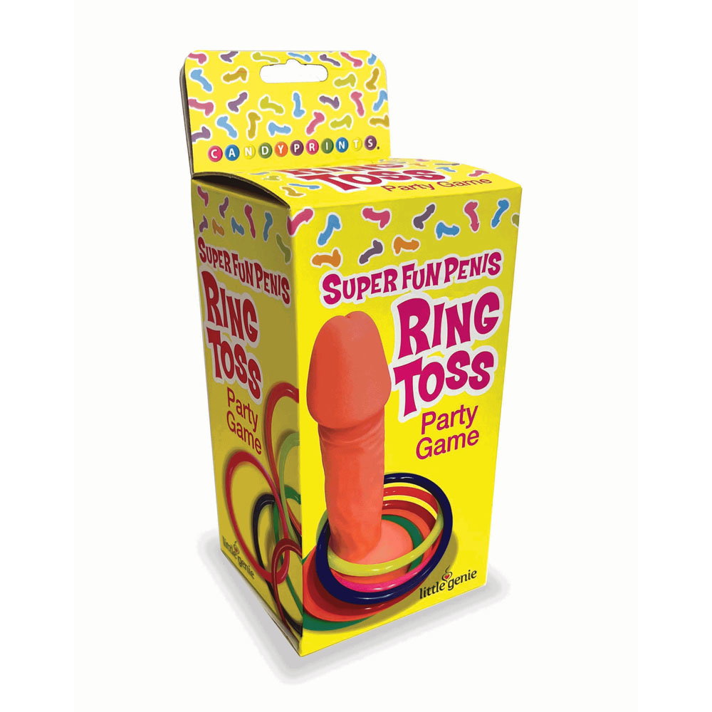 Super Fun Penis Ring Toss game with novelty goal and six rainbow-coloured rings