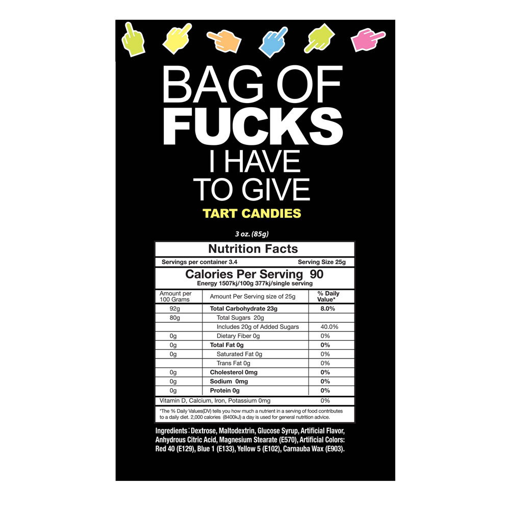 85g bag of Bag of Fucks I Have to Give novelty fruit-flavoured candy by Little Genie