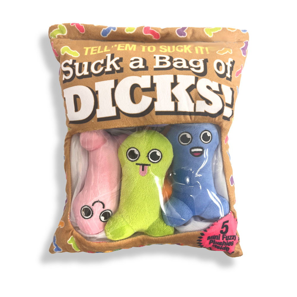 Little Genie Suck a Bag of Dicks plush pillow set with five phallic-shaped plushies in a bag