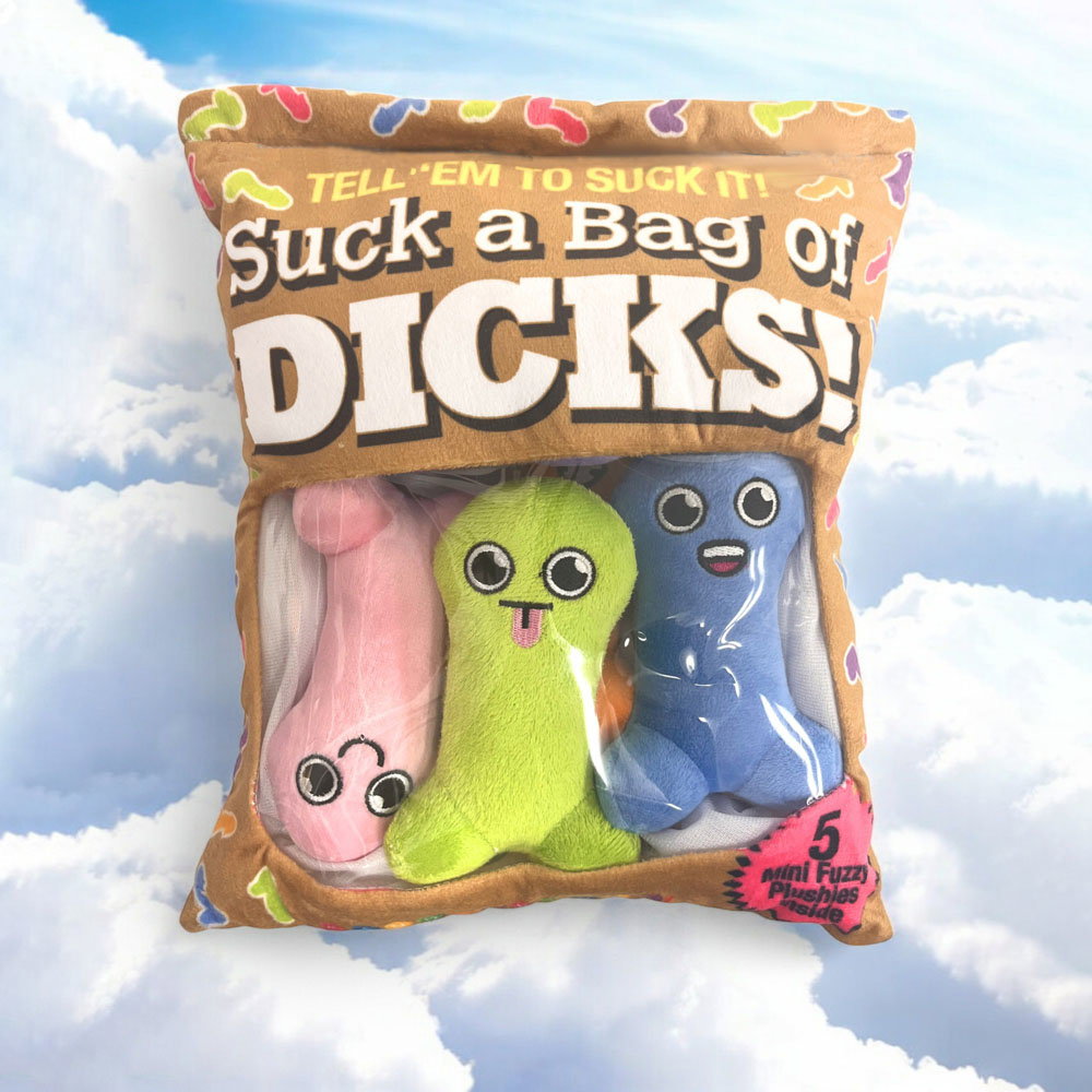Little Genie Suck a Bag of Dicks plush pillow set with five phallic-shaped plushies in a bag