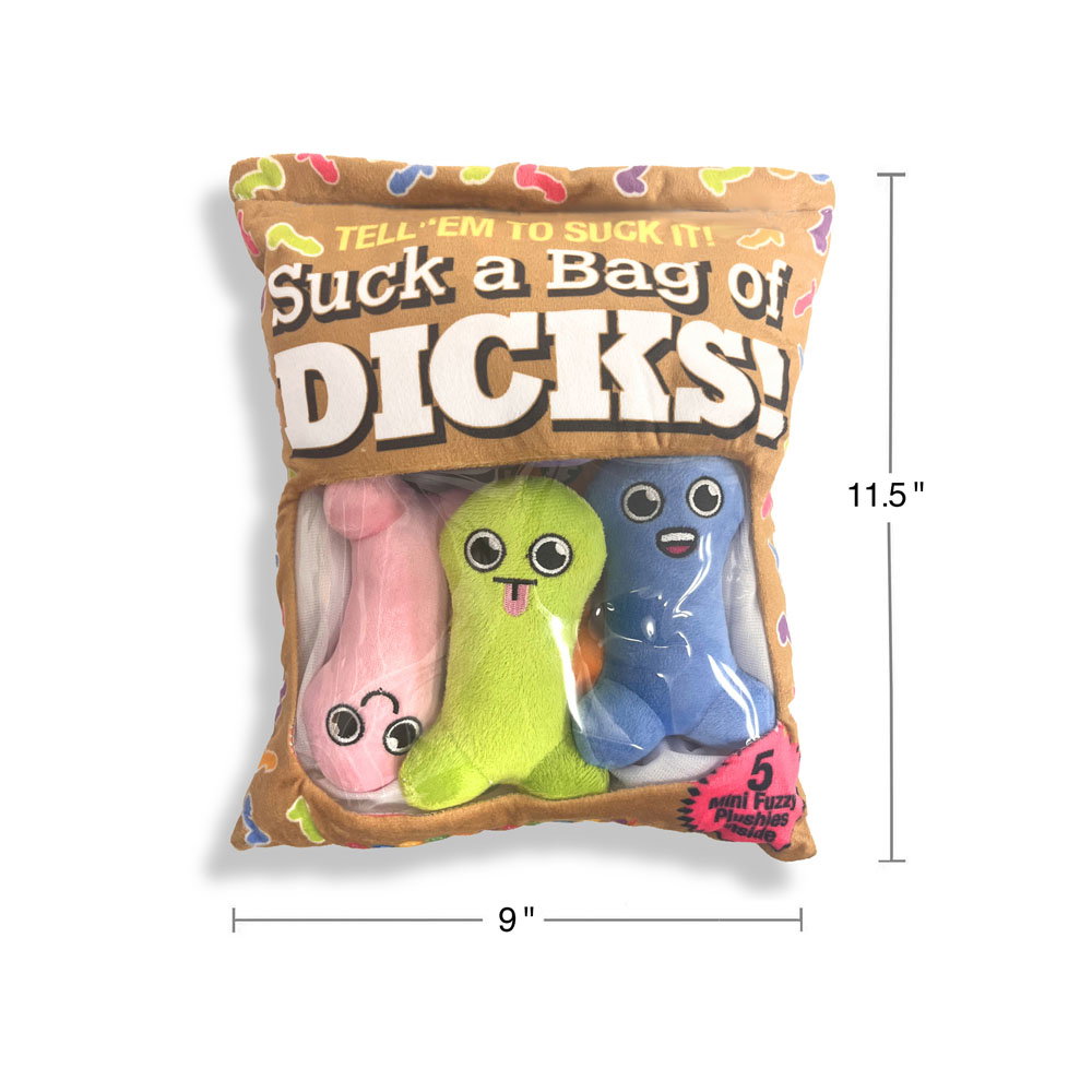 Little Genie Suck a Bag of Dicks plush pillow set with five phallic-shaped plushies in a bag