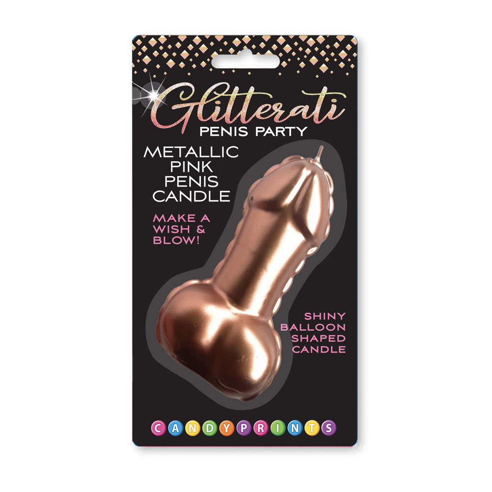 Little Genie Glitterati metallic pink penis-shaped novelty cake candle, 10cm tall