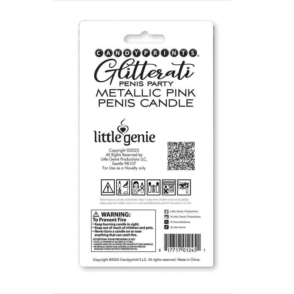 Little Genie Glitterati metallic pink penis-shaped novelty cake candle, 10cm tall