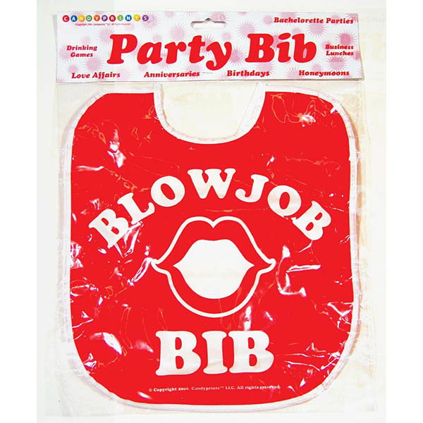 Little Genie Blow Job Bib novelty adult bib with neck tie-straps, shown in packaging
