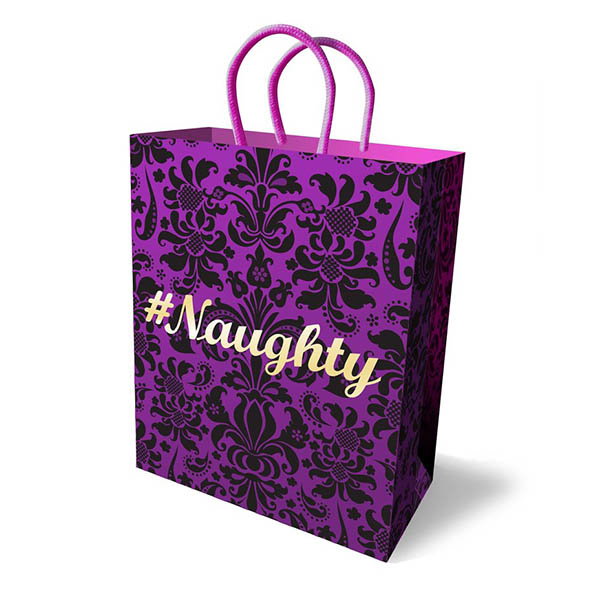 Purple Little Genie #Naughty gift bag with black flocked fleur-de-lis pattern, gold foil lettering and woven handles