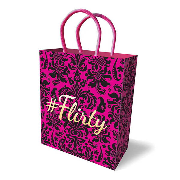 Purple #Flirty gift bag with black flocked fleur-de-lis pattern, woven handles and gold foil stamp