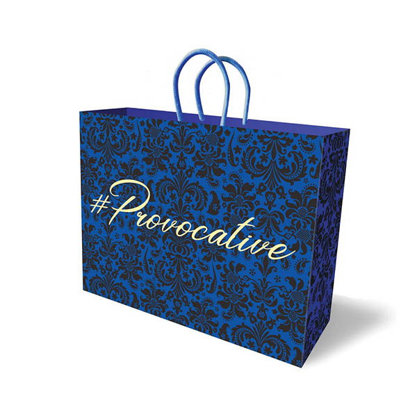 Blue Little Genie gift bag with black flocked fleur-de-lis pattern and gold foil "#Provocative" text, woven handles