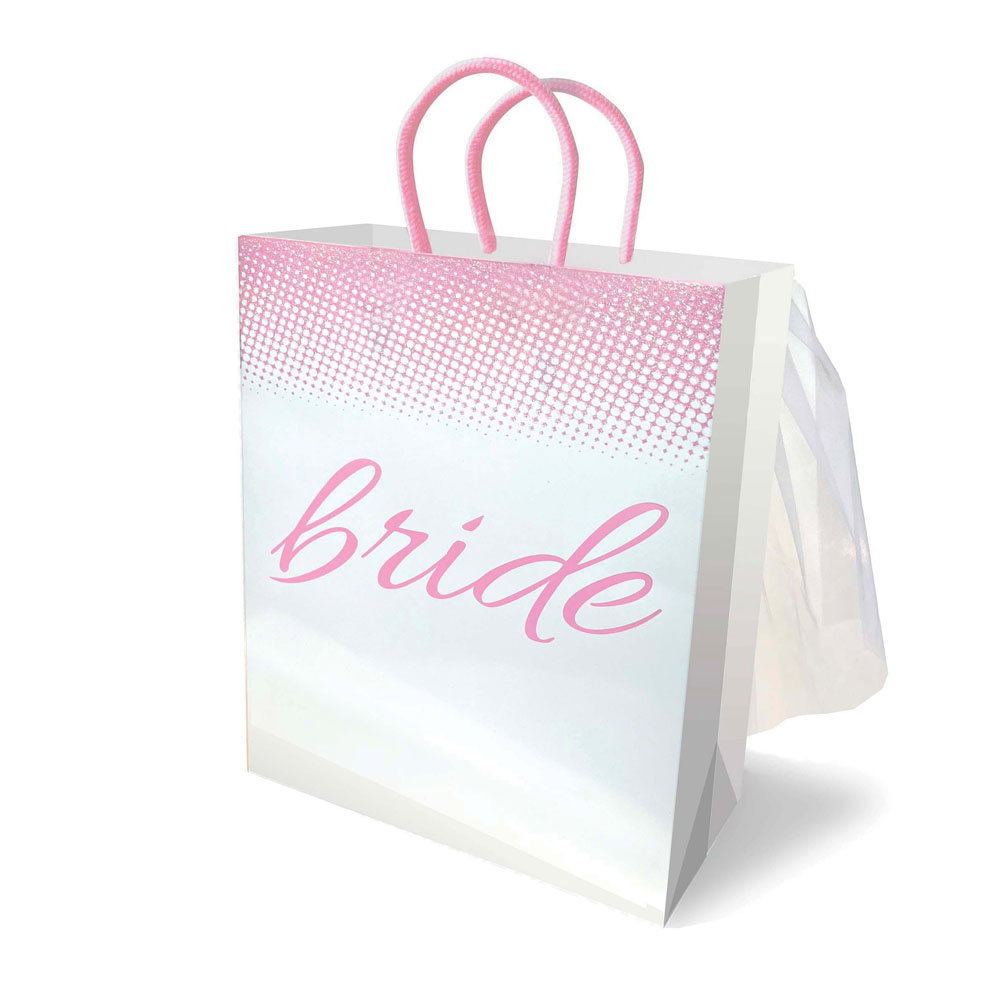 Bride veil gift bag with script lettering, woven handles and veil detail on back