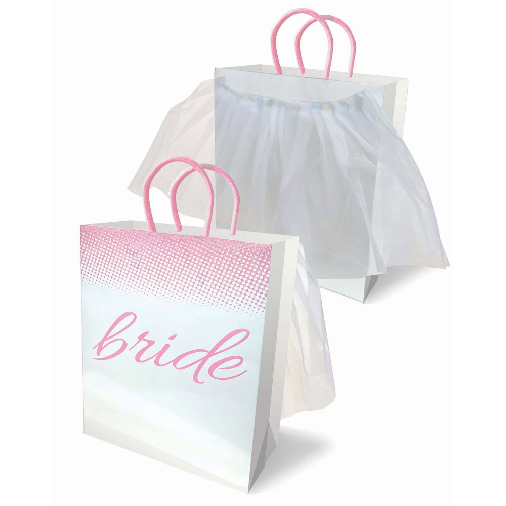 Bride veil gift bag with script lettering, woven handles and veil detail on back