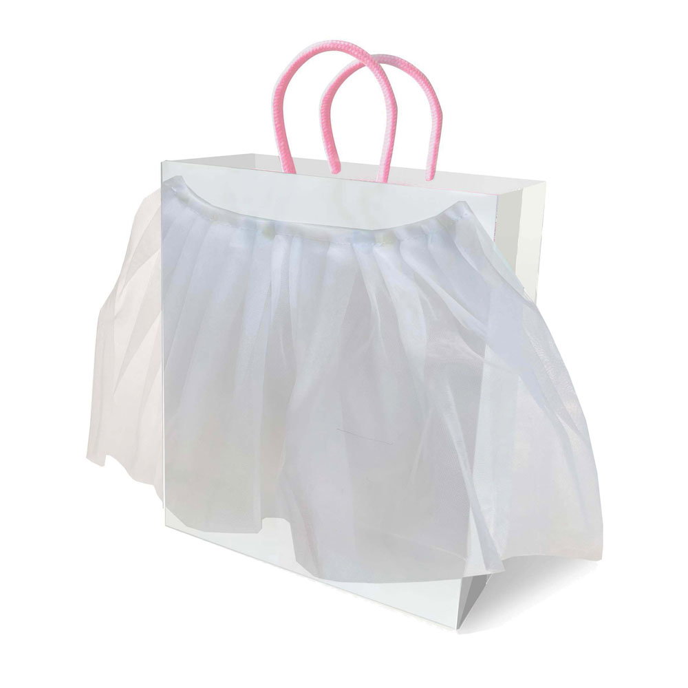 Bride veil gift bag with script lettering, woven handles and veil detail on back