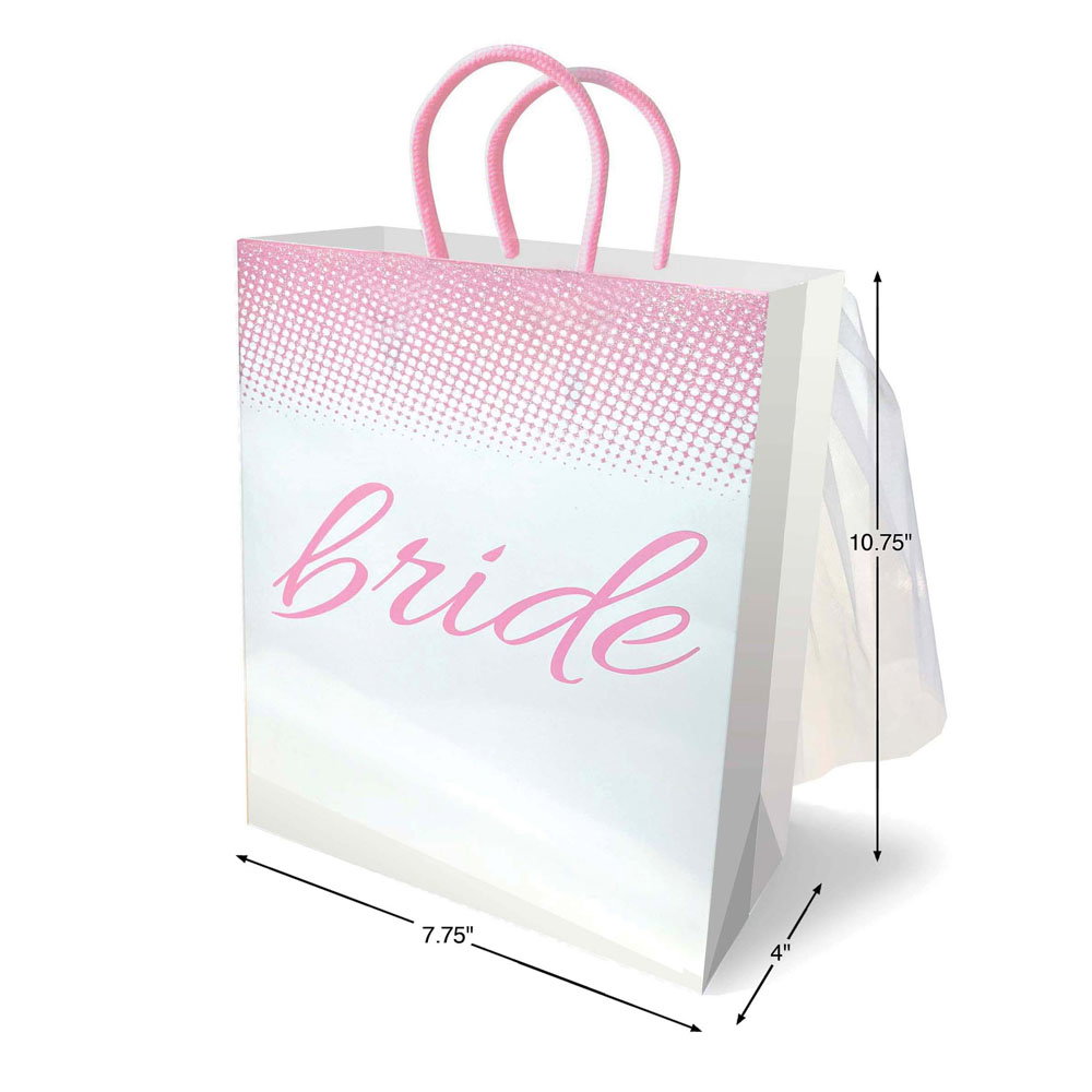 Bride veil gift bag with script lettering, woven handles and veil detail on back