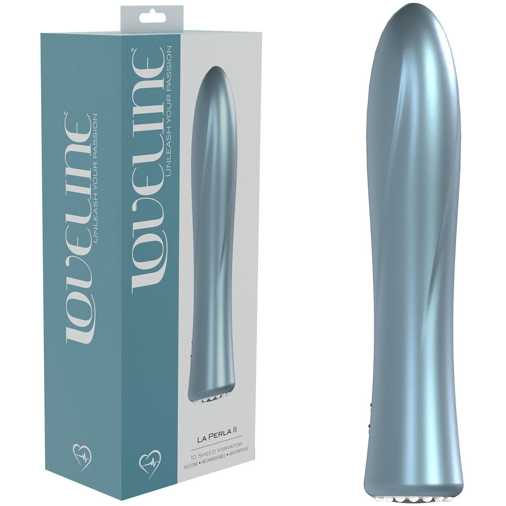 Shots Toys Loveline La Perla II rechargeable silicone vibrator in blue with diamond-style interface