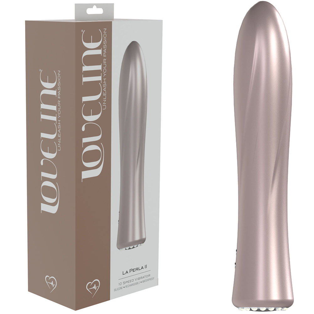 Shots Toys Loveline La Perla II pink silicone vibrator with curved tip and diamond-style interface