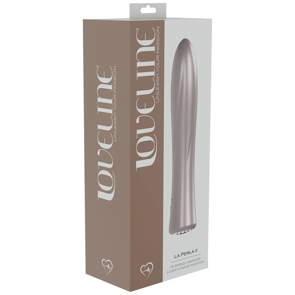 Shots Toys Loveline La Perla II pink silicone vibrator with curved tip and diamond-style interface