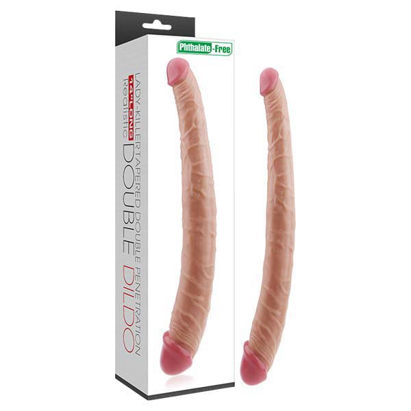 Lovetoy King Sized Double Dildo, 14 inch flesh-toned, double-ended with veined shaft and two heads