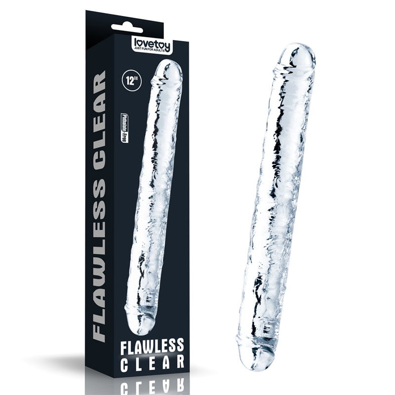 Lovetoy Flawless Clear Double Dildo, a 12 inch clear transparent double-ended TPE dildo