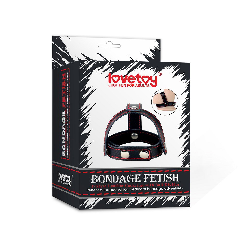 Lovetoy T-style genuine leather cock ring with ball divider and press-stud fastenings