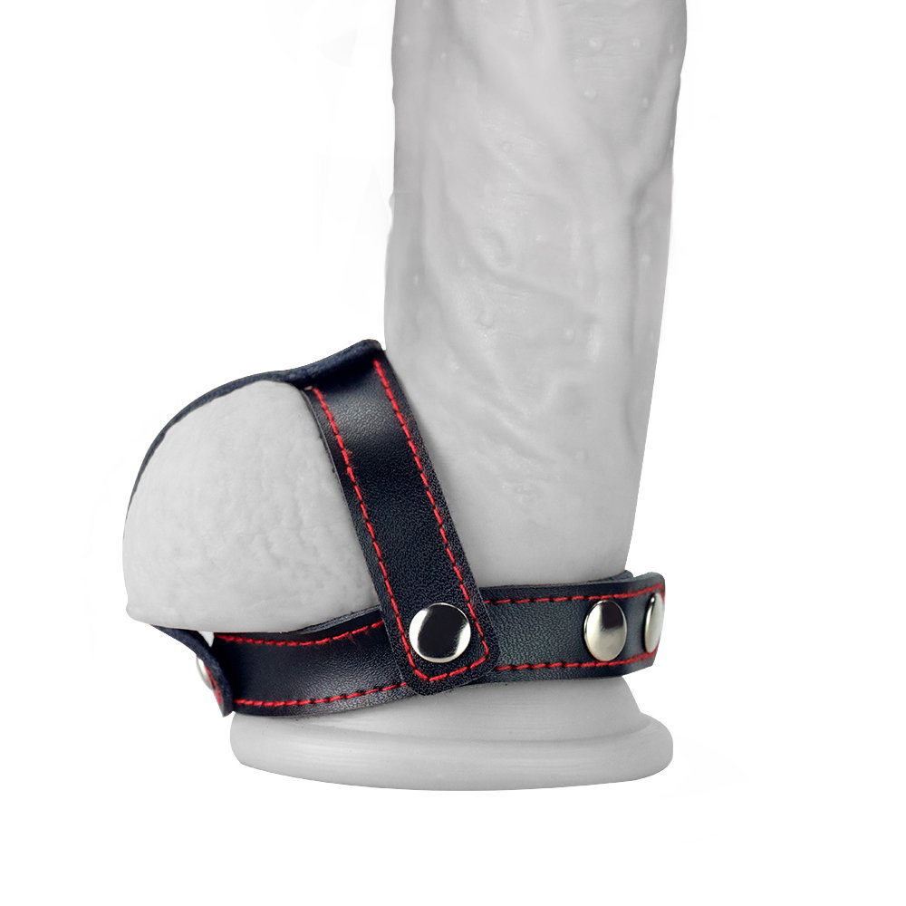 Lovetoy T-style genuine leather cock ring with ball divider and press-stud fastenings