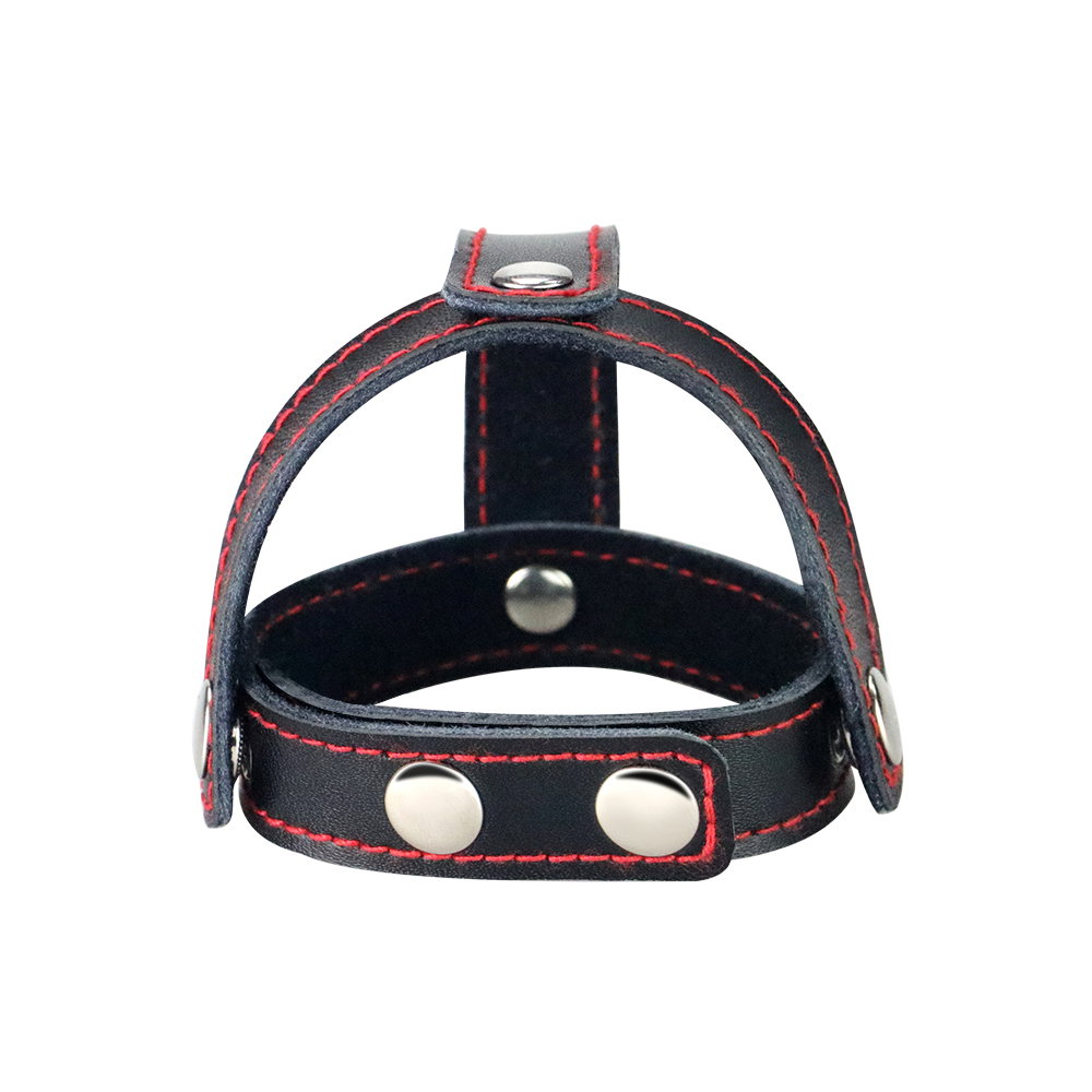 Lovetoy T-style genuine leather cock ring with ball divider and press-stud fastenings