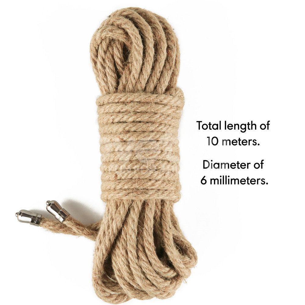 Rebellion Reign Rustic Hemp Bondage Rope, 10 metre natural hemp rope with metal end caps