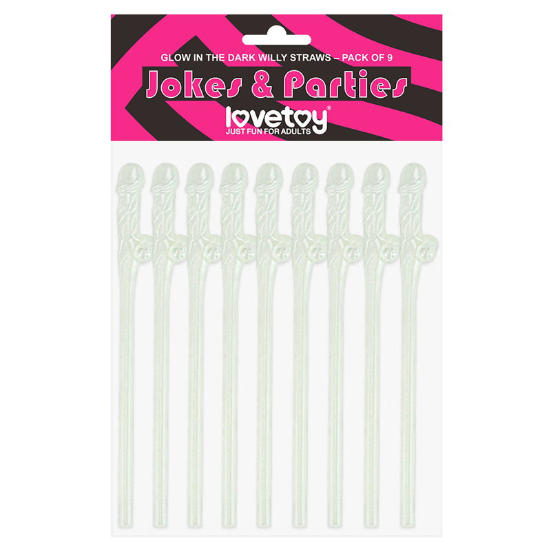 Pack of 9 Lovetoy glow-in-the-dark novelty willy-shaped drinking straws for parties