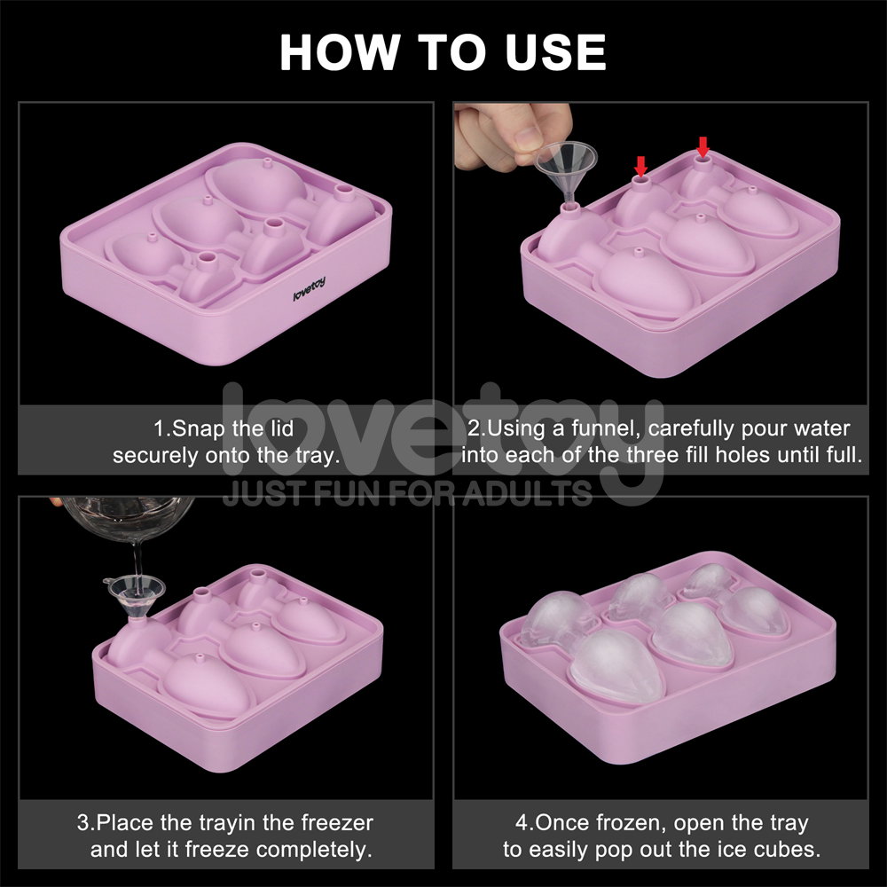 Lovetoy Jokes & Parties silicone ice tray with three butt plug-shaped moulds and funnel
