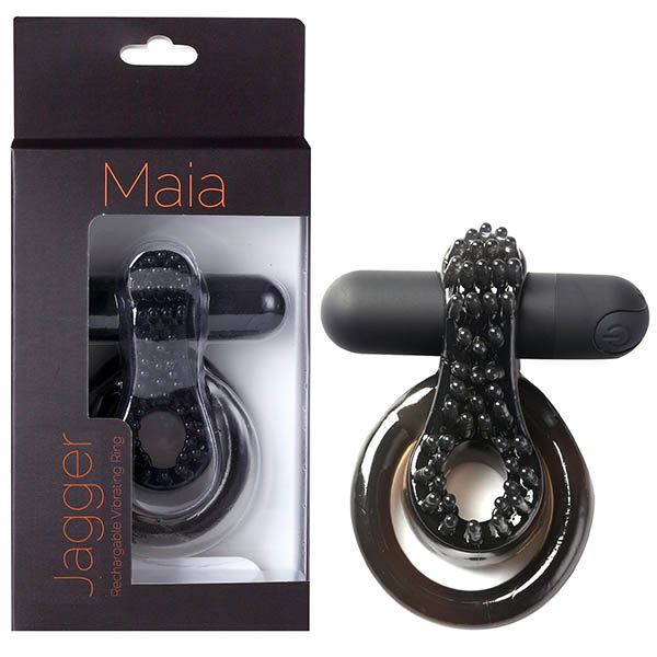 Maia Jagger black vibrating cock and ball ring, rechargeable stretchy silicone design