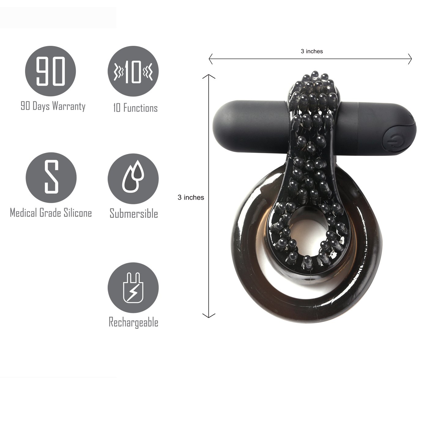 Maia Jagger black vibrating cock and ball ring, rechargeable stretchy silicone design