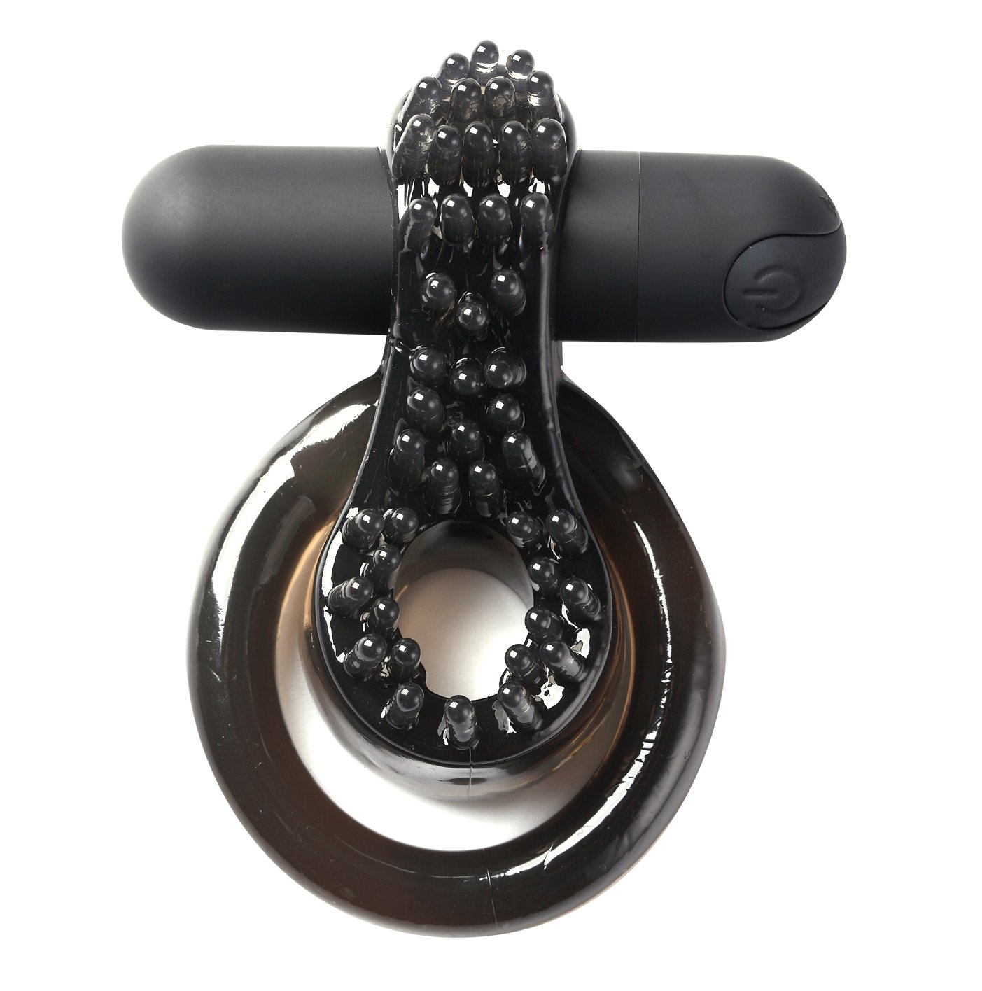 Maia Jagger black vibrating cock and ball ring, rechargeable stretchy silicone design