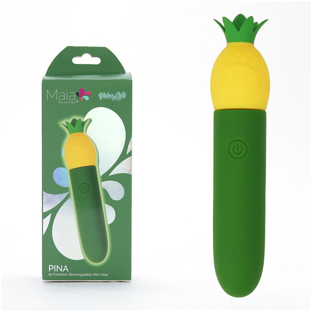 Maia PINA USB mini bullet vibrator in green and yellow with removable charging cap