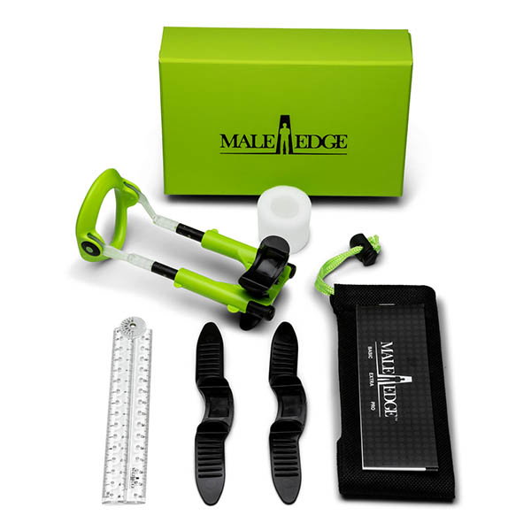 MaleEdge Extra penis extender kit in green and black case with straps, measurer and travel bag