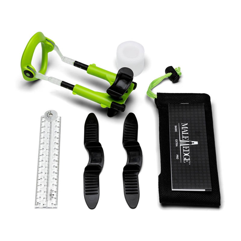 MaleEdge Extra penis extender kit in green and black case with straps, measurer and travel bag